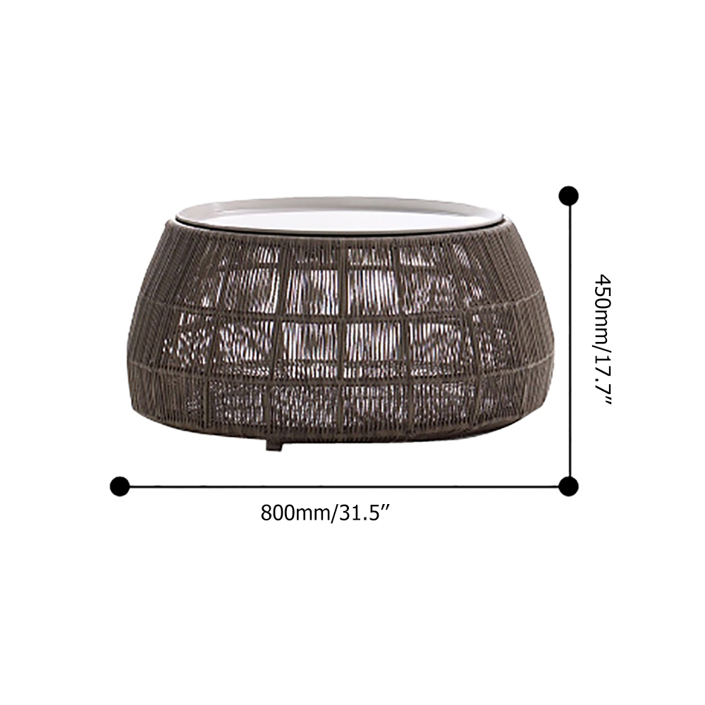 31.5" Brown Outdoor Coffee Table Rattan Patio Round Table with Glass Tabletop window image