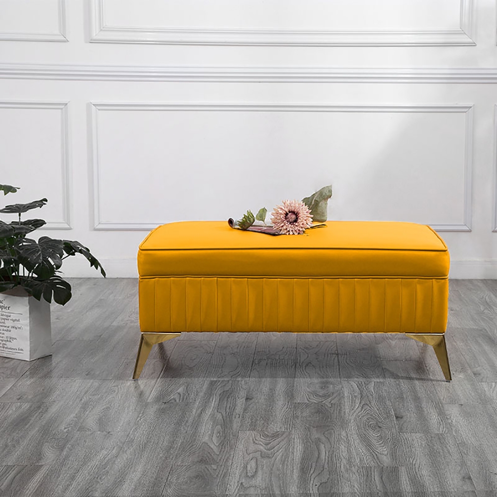 Yellow PU Leather Ottoman Upholstered Ottoman Stool in Stainless Steel Legs window image