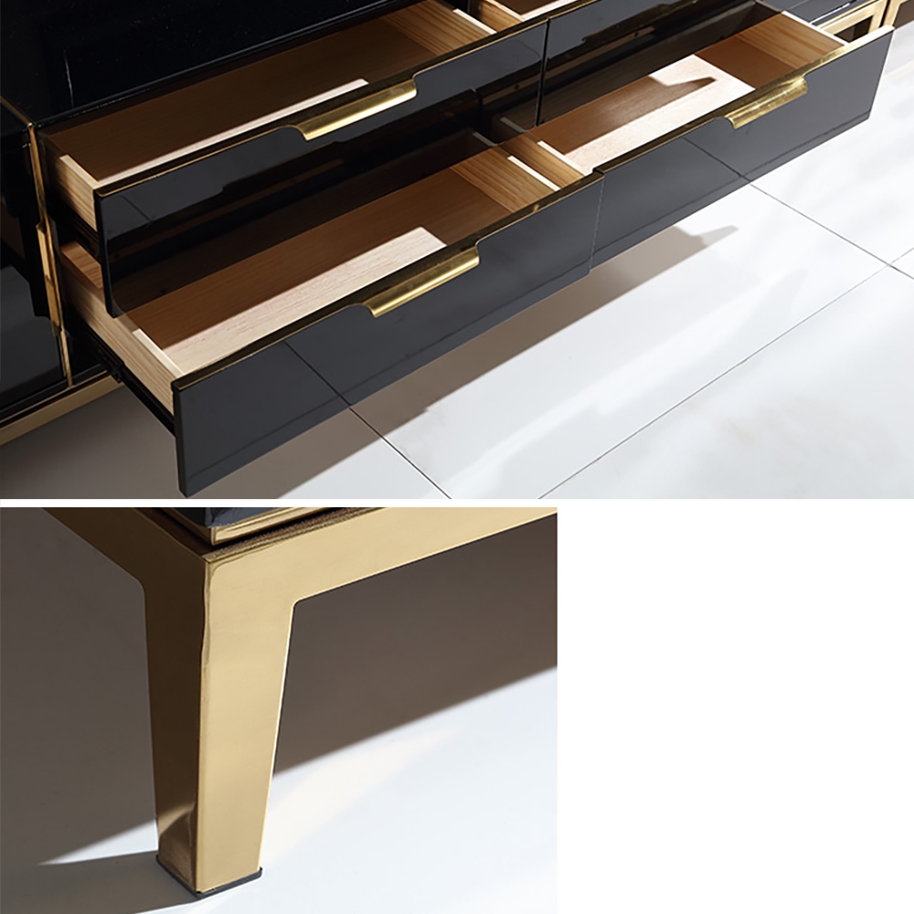 78" Black TV Stand  Modern Tempered Glass Top Drawers & Doors Media Console in Gold window image