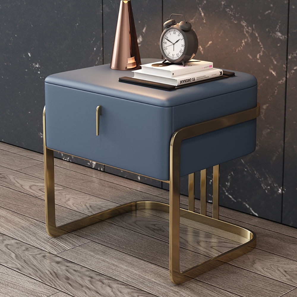 Italian Minimalist Blue Nightstand Upholstered Leather Surface with 1 Drawer in Gold window image