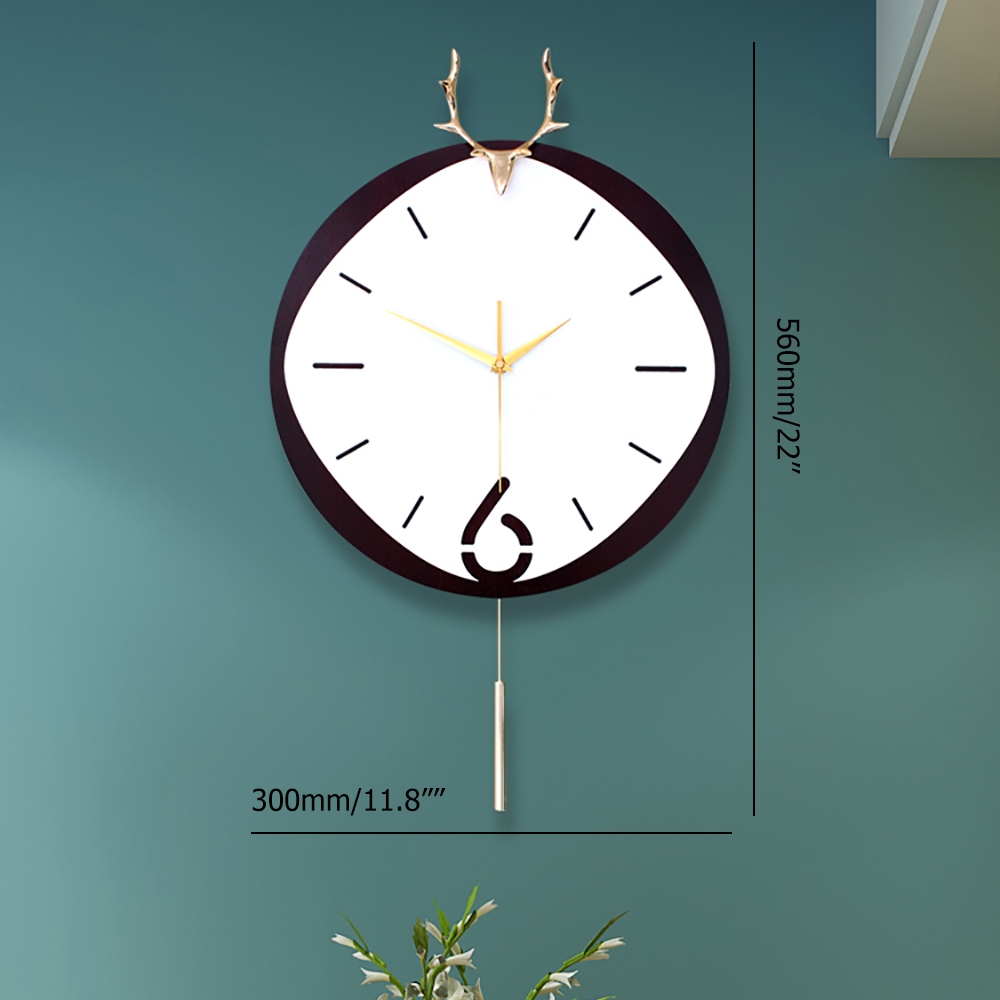 Modern Creative Wooden Wall Clock Silver Pendulum Deer Head Home Decor window image