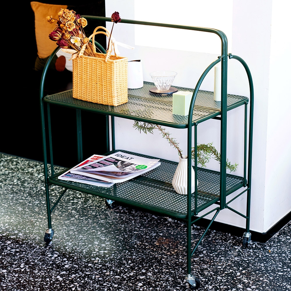 900mm Modern Standing Kitchen Shelves with Handle & Casters in Dark Green window image