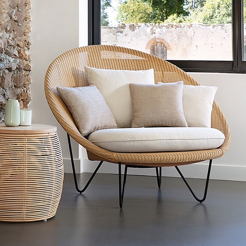 Rattan Outdoor Barrel Chair with Pillow Back Aluminum Frame window image