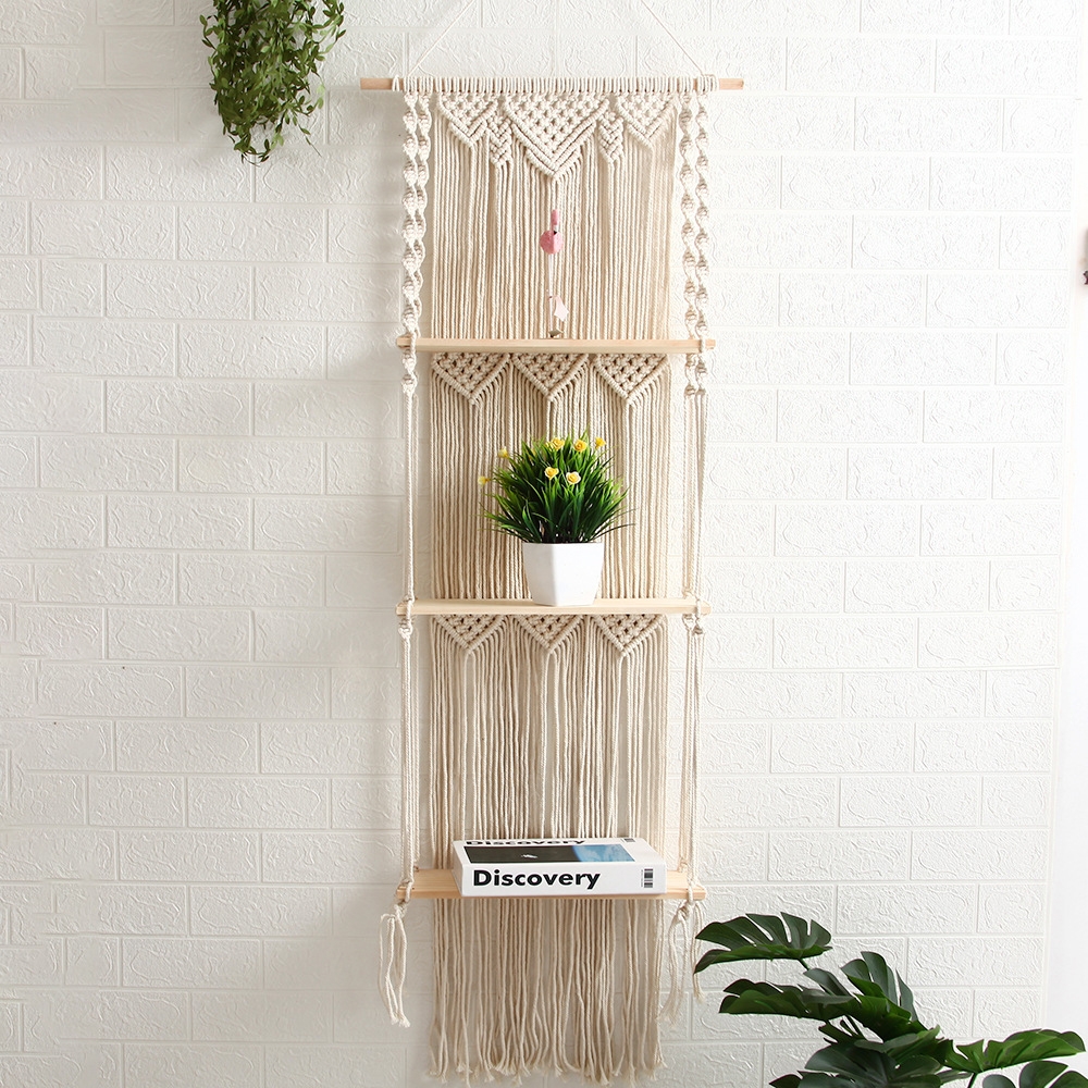 3-Tier Hand-Woven Hanging Shelves Decor Floating Display Shelf window image