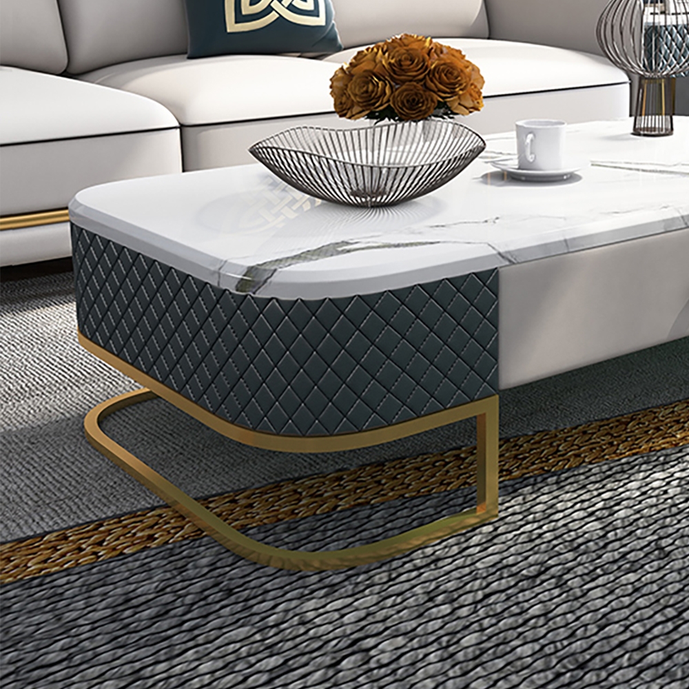 White Modern Marble Coffee Table with Drawers  PU Leather & Metal window image