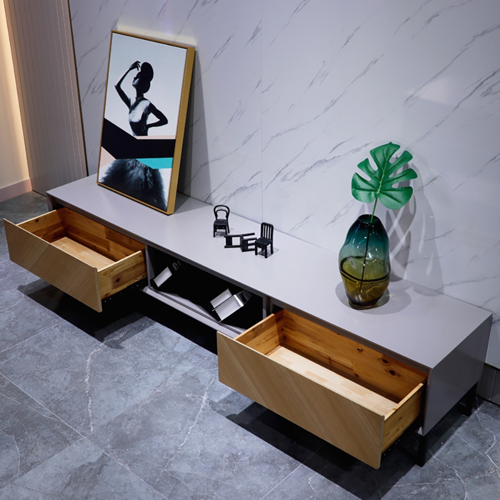 Italian Minimalist TV Stand Twill Surface Media Console with 2 Drawers in Small window image