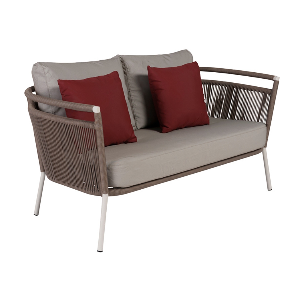 Khaki Rattan Outdoor Sofa with Brick Red Pillow Loveseat in Aluminum Frame 2-Seater window image