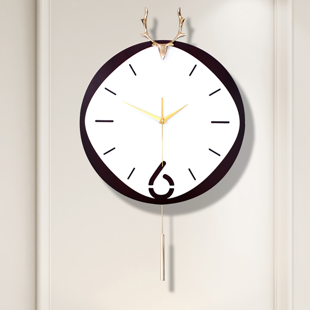 Modern Creative Wooden Wall Clock Silver Pendulum Deer Head Home Decor window image