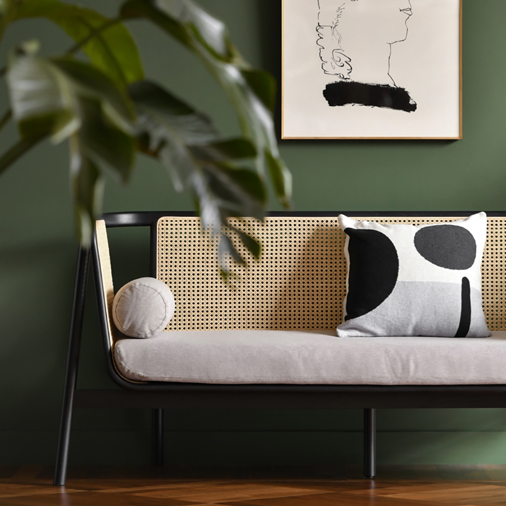 Rattan Sofa Upholstered Cotton&linen Sofa 3-Seater Sofa Ash Wood Frame window image