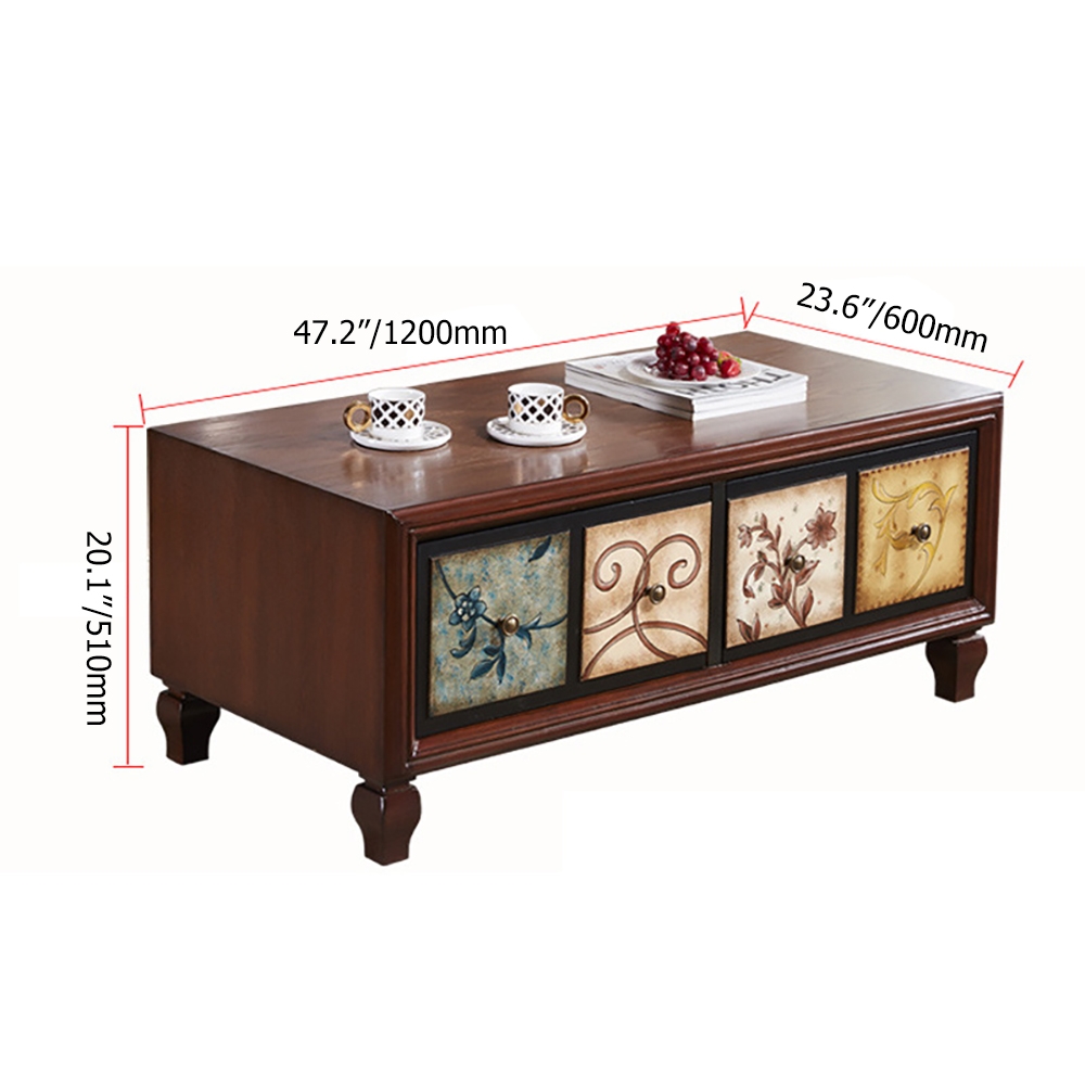 Farmhouse Wood Coffee Table with Drawers in Birch & MDF Mahogany Rustic window image