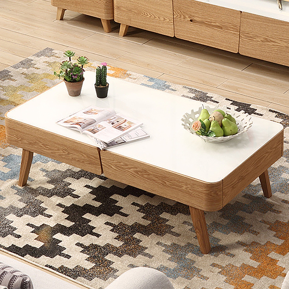 Rustic Wood Coffee Table with Storage Tempered Glass Top & Ash Wood Legs window image