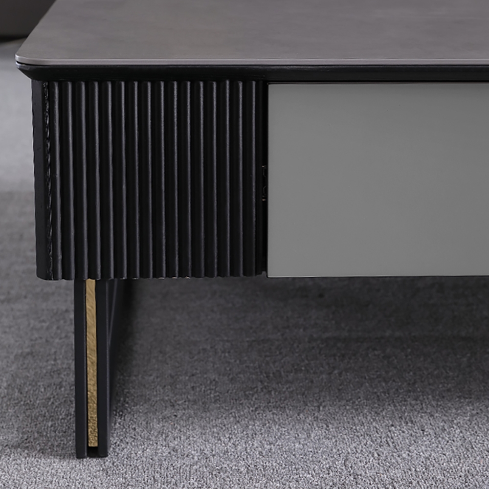 Modern Coffee Table with Drawers in Gray Sintered Stone Top & Carbon Steel Legs window image