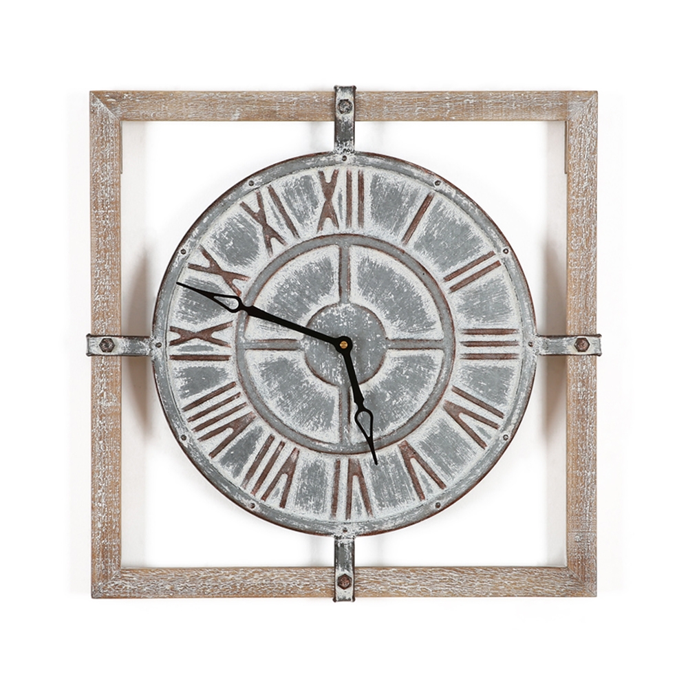 20.1" Scandinavische retro pastorale stijl grote ronde wandklok met houten vierkant frame Vensterafbeelding