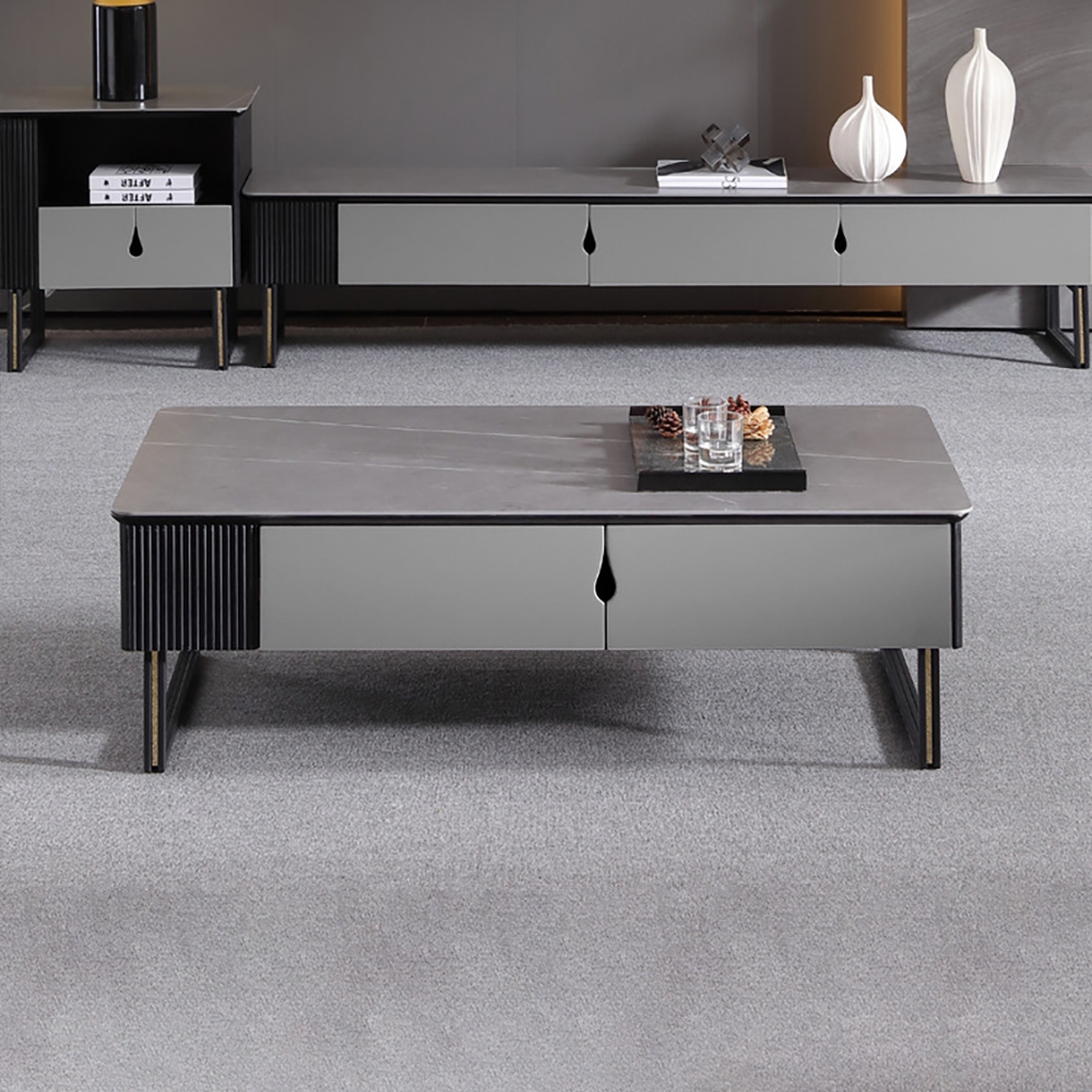 Modern Coffee Table with Drawers in Gray Sintered Stone Top & Carbon Steel Legs window image
