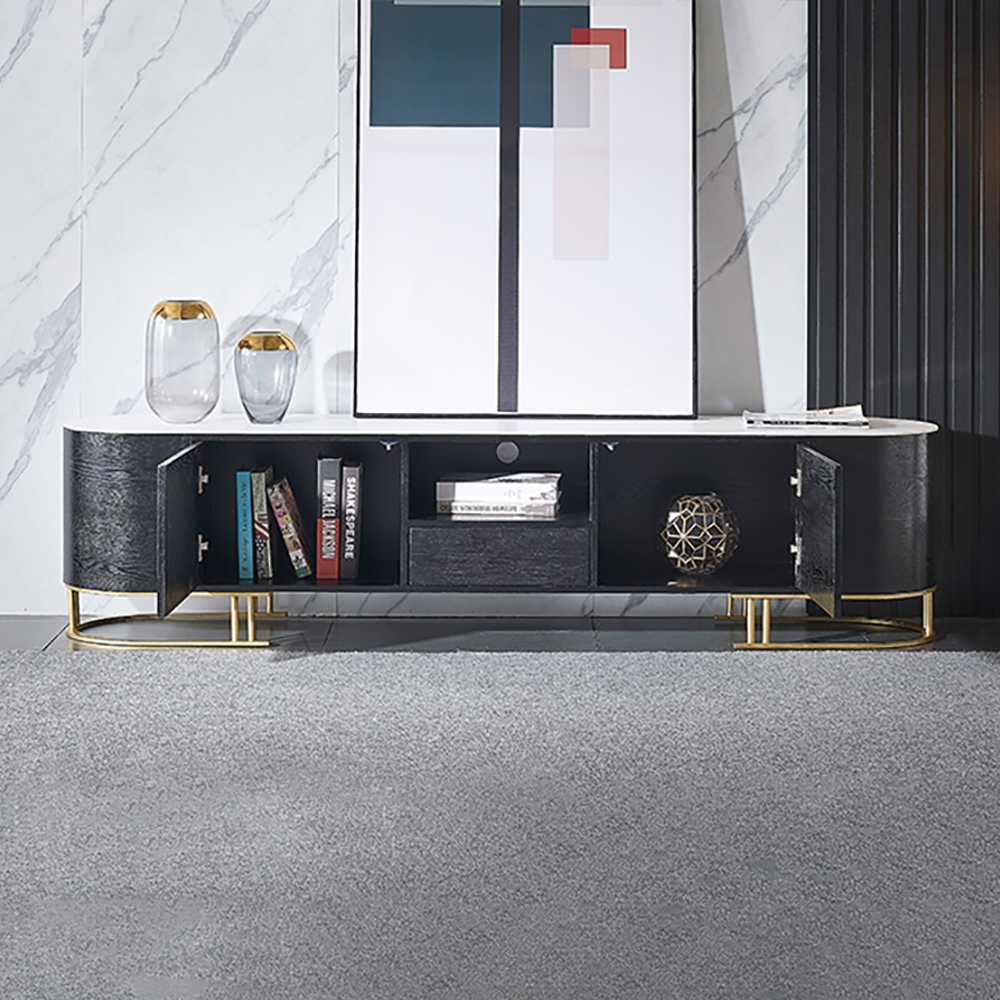Oval TV Stand Sintered Stone Top Minimalist Media Console with Storage for TVs up to 85" window image
