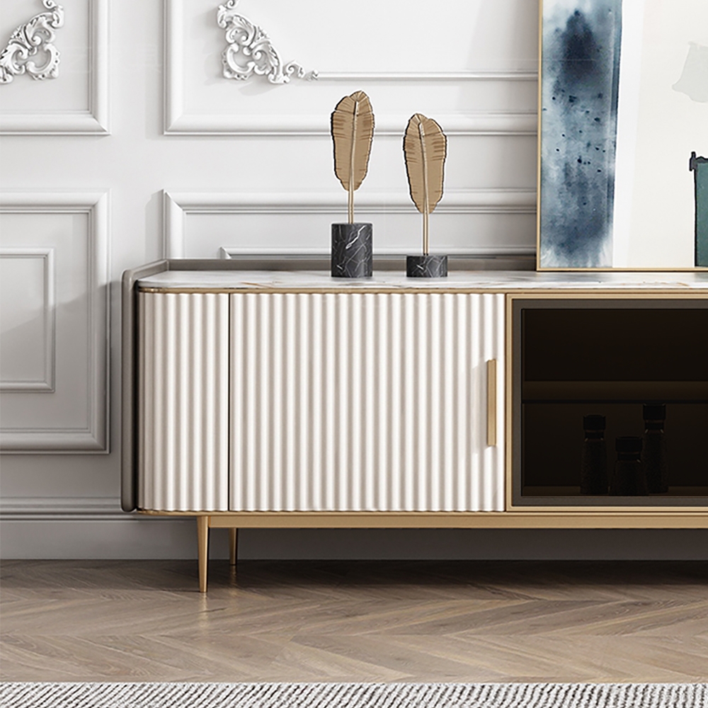 79" White TV Stand Sintered Stone Top Tempered Glass Doors Media Console with Shelves window image