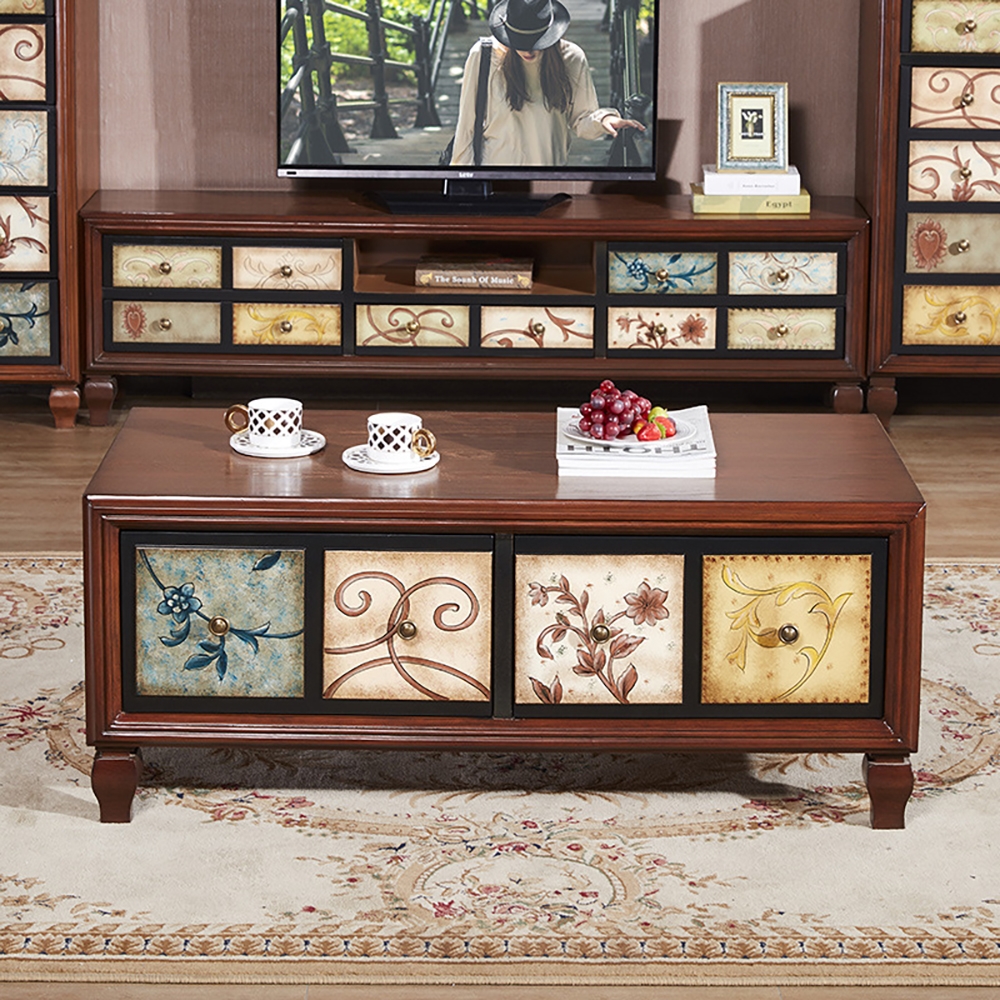 Farmhouse Wood Coffee Table with Drawers in Birch & MDF Mahogany Rustic window image