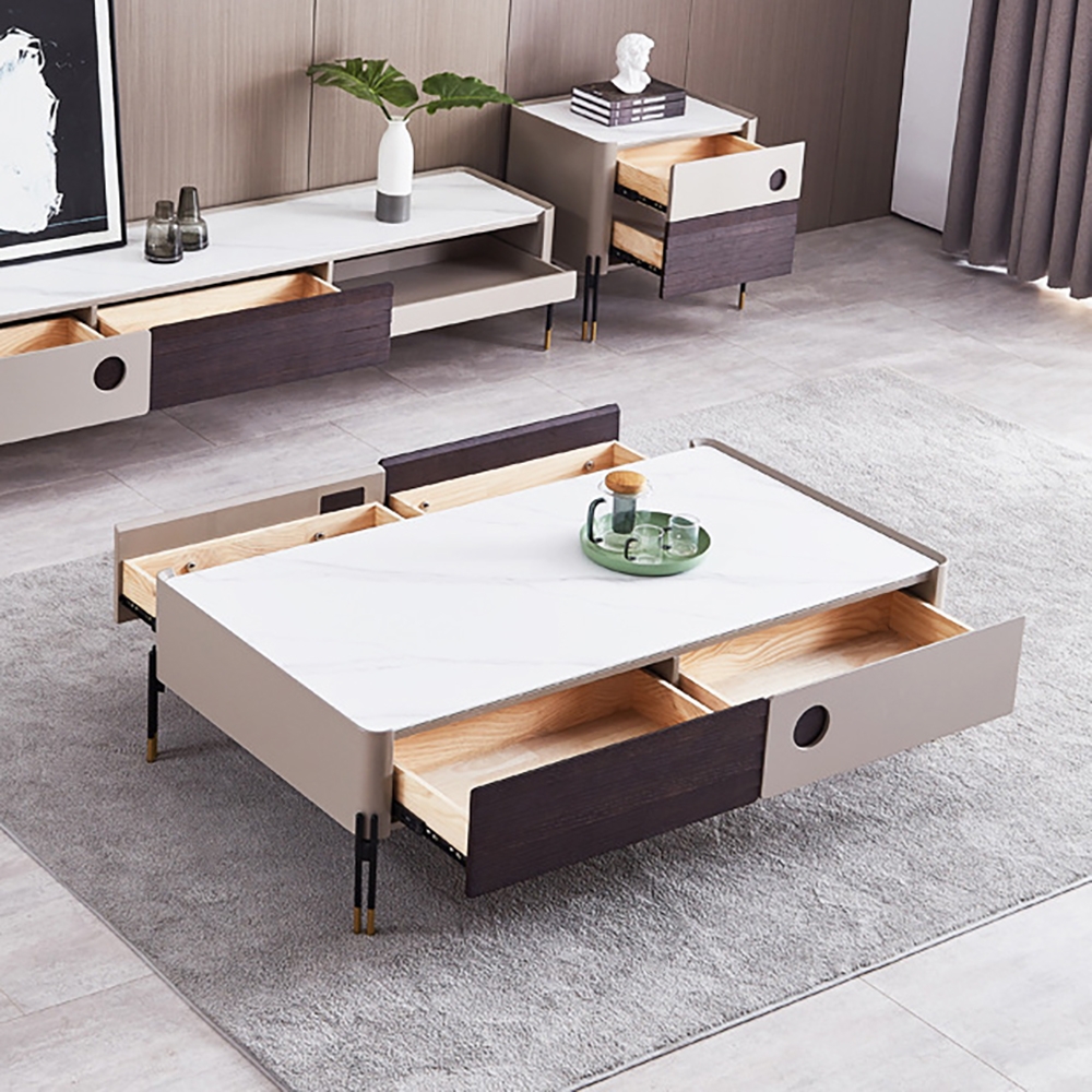 Modern White Coffee Table Decor with Storage Sintered Stone Top & Metal Legs window image