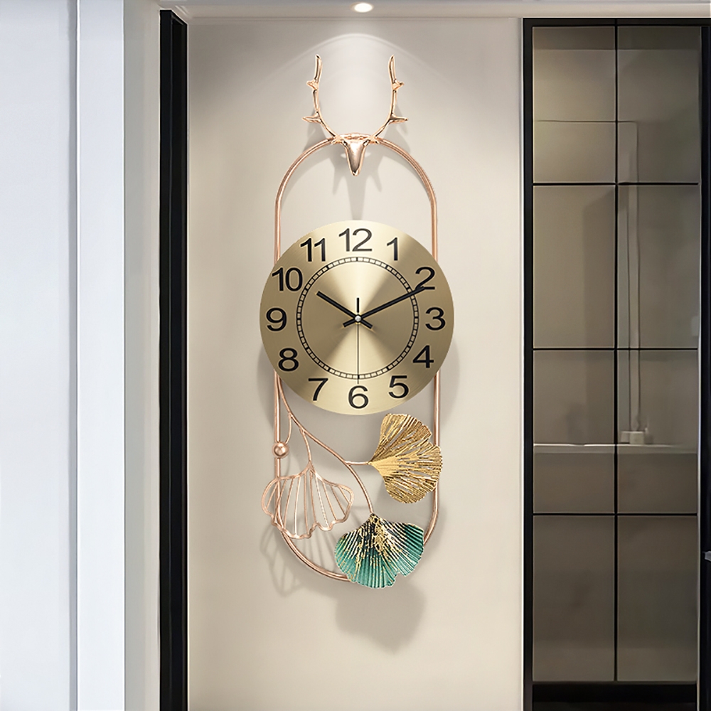 3D Deer Head Fashion Metal Wall Clock with Hollow-out Ginkgo Leaves window image