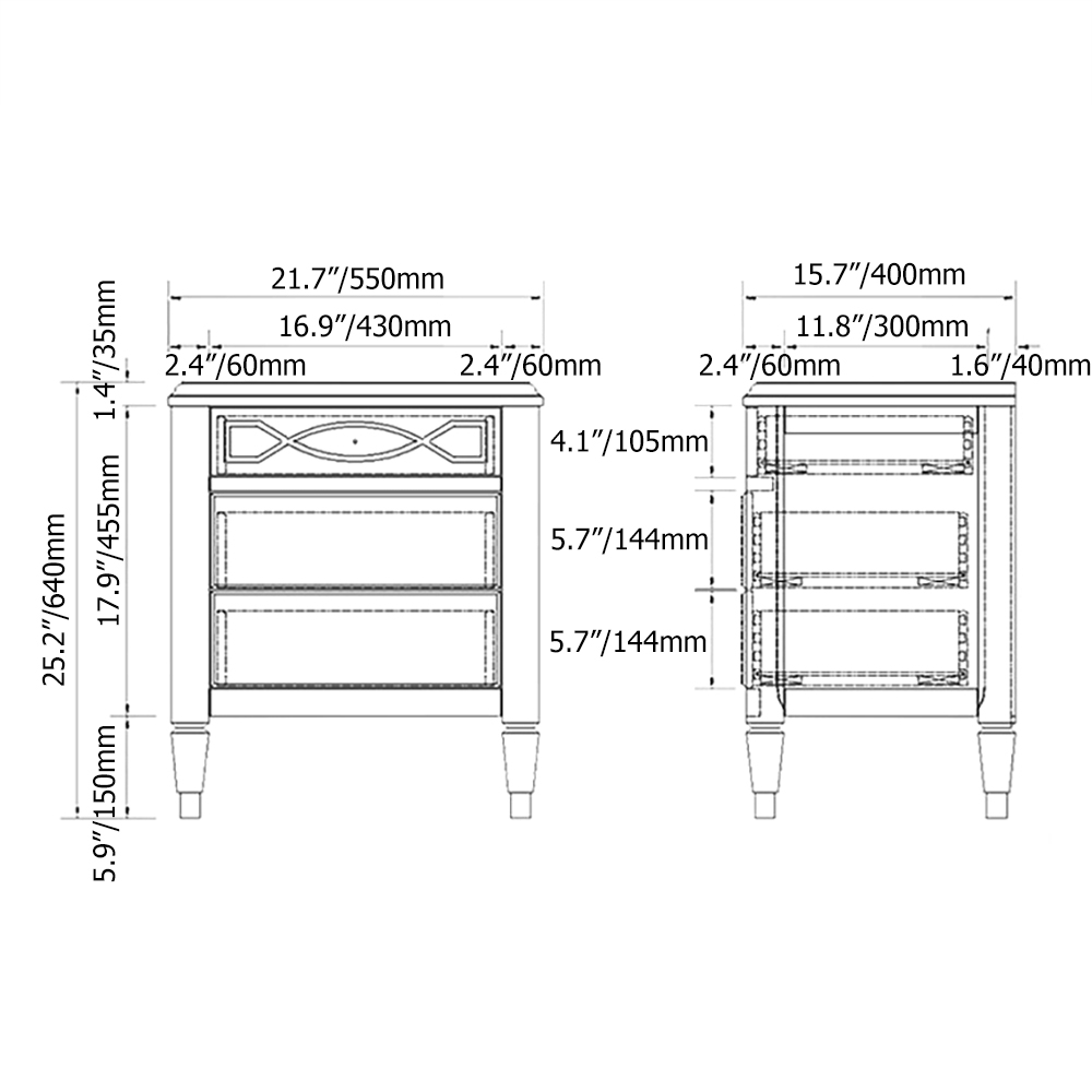 American Village Nightstand Bruin rechthoekig bijzettafel met 3 lades Vensterafbeelding
