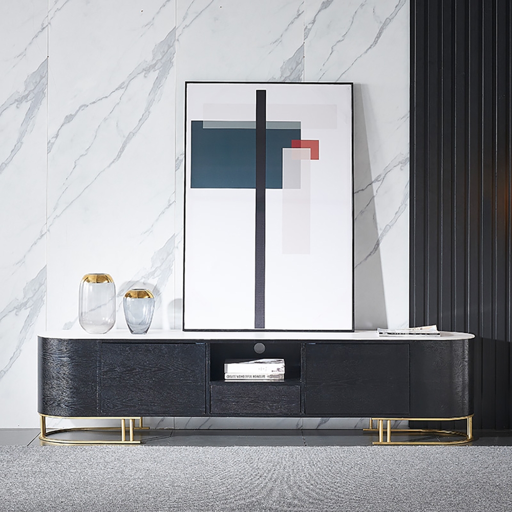 Oval TV Stand Sintered Stone Top Minimalist Media Console with Storage for TVs up to 85" window image