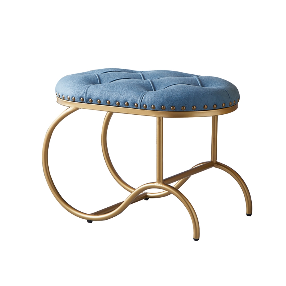 Blue Round Ottoman Tufted Upholstered Leath-aire Ottoman Stool Gold Base window image