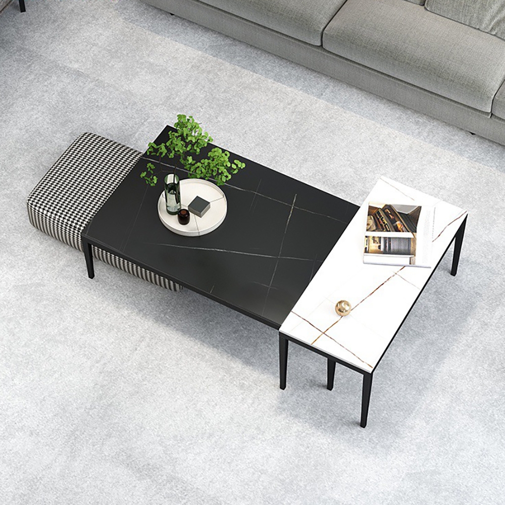 Modern Coffee Table Set with Ottoman & Sintered Stone Top & Metal Legs in 3 Pieces window image