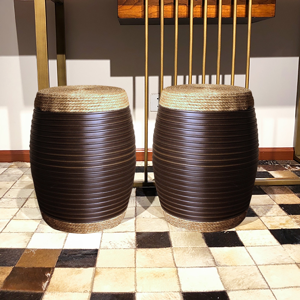 360mm Garden Stool Hemp&Brown Rattan Counter Stool Chinese Drum Shape window image