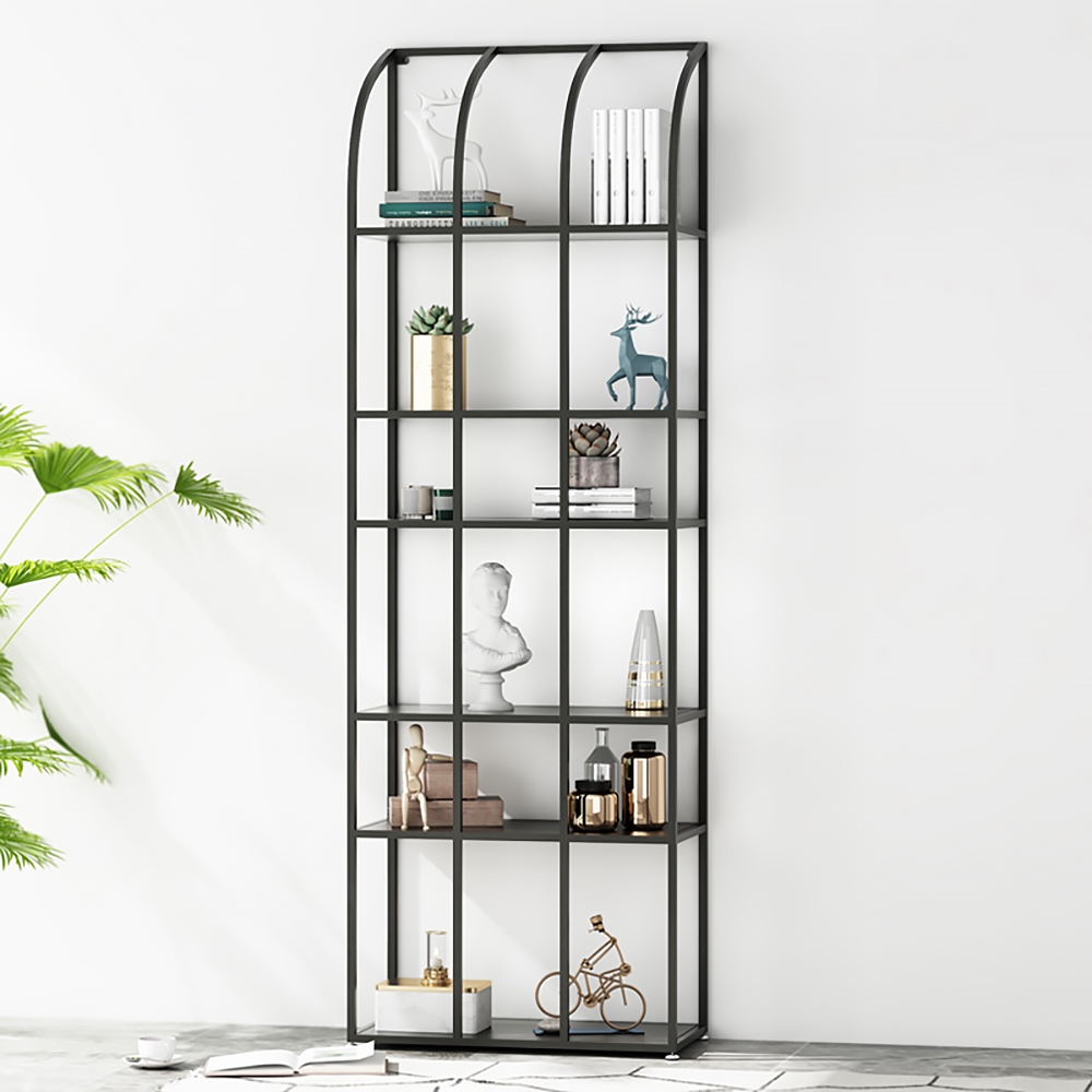 Black Contemporary Metal Etagere Bookshelf with 6-Tiered Shelving window image