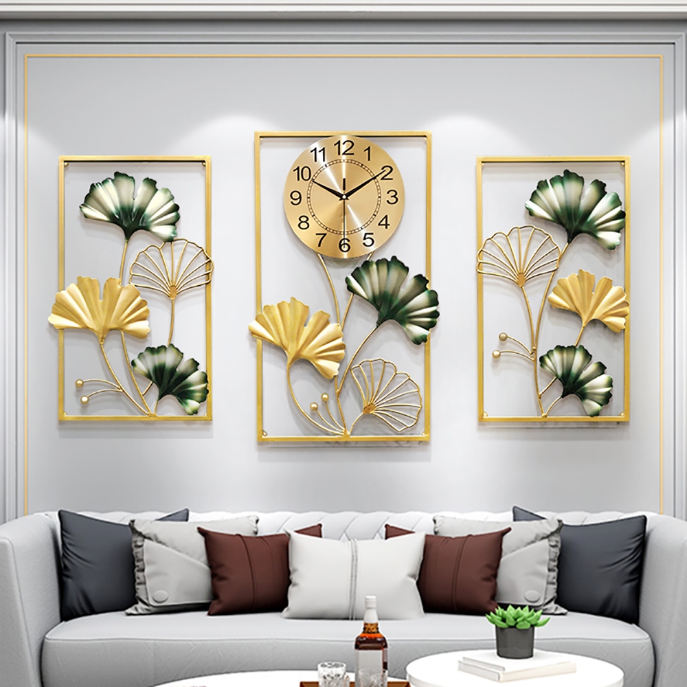 3-delige Ginkgo Leaves oversized metalen wandklok met geometrische rechthoekige frames Vensterafbeelding
