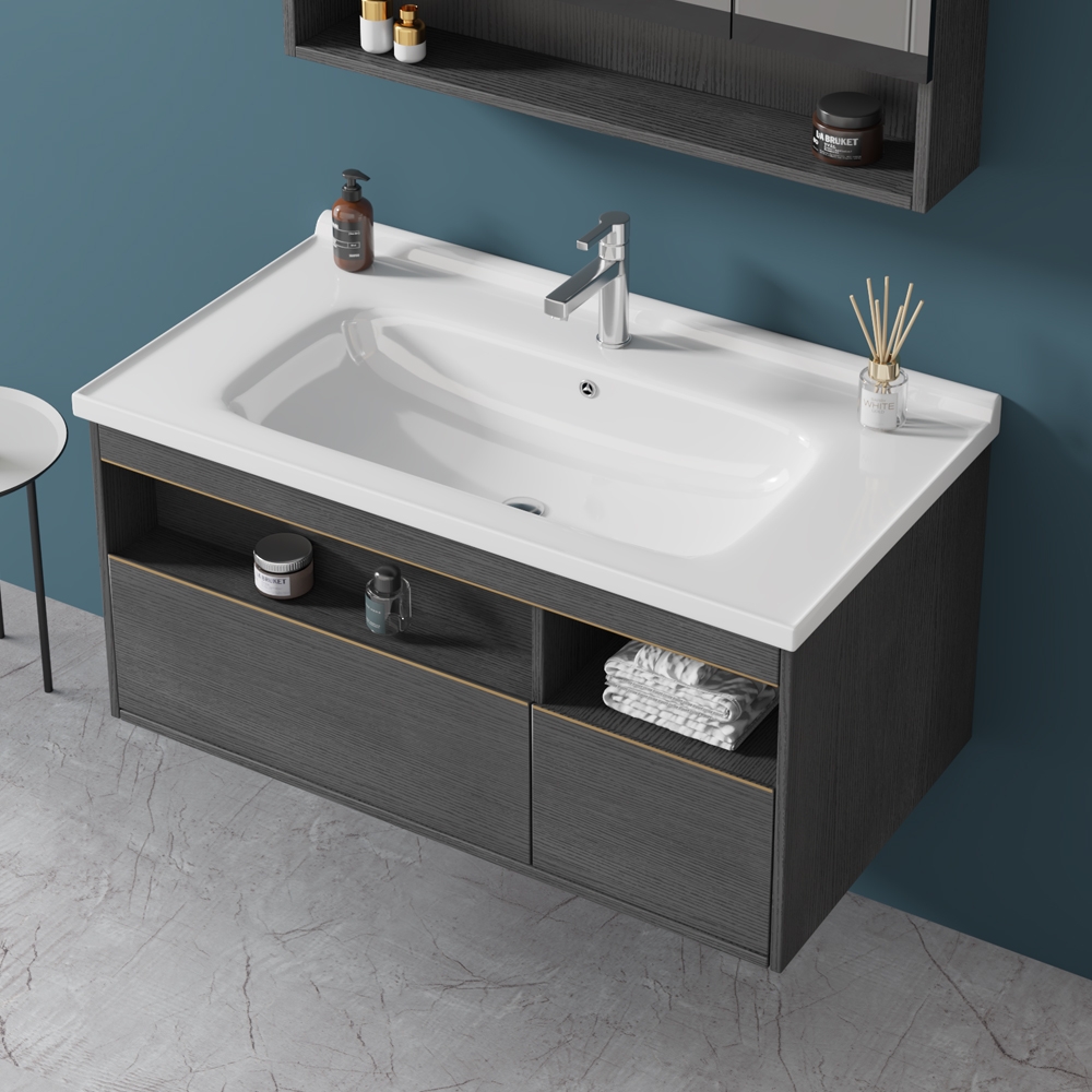 31" Bathroom Vanity Ceramic Floating Bathroom Cabinet with 2 Drawers 1 Door in Small window image