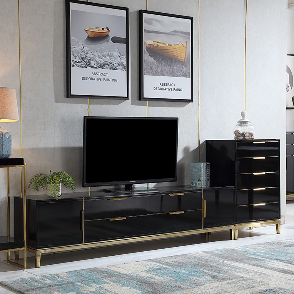 78" Black TV Stand  Modern Tempered Glass Top Drawers & Doors Media Console in Gold window image