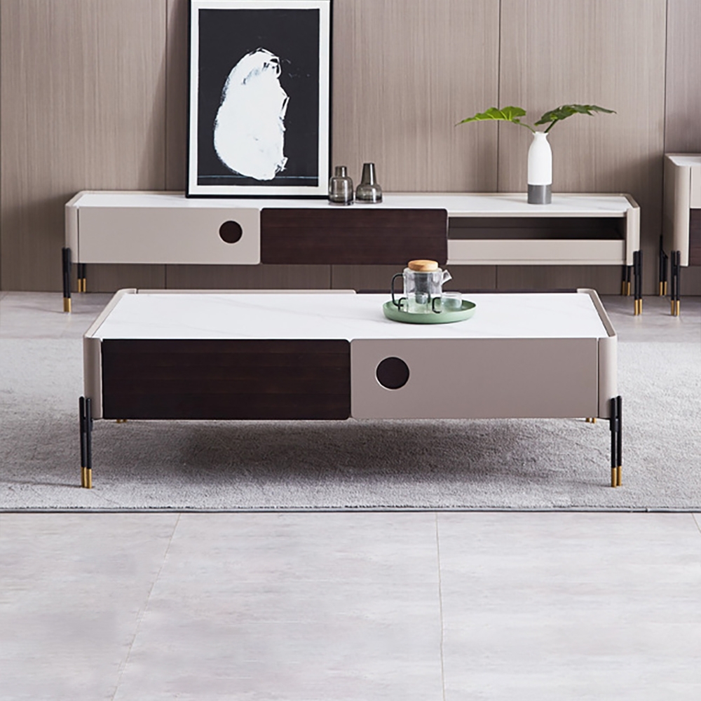 Modern White Coffee Table Decor with Storage Sintered Stone Top & Metal Legs window image