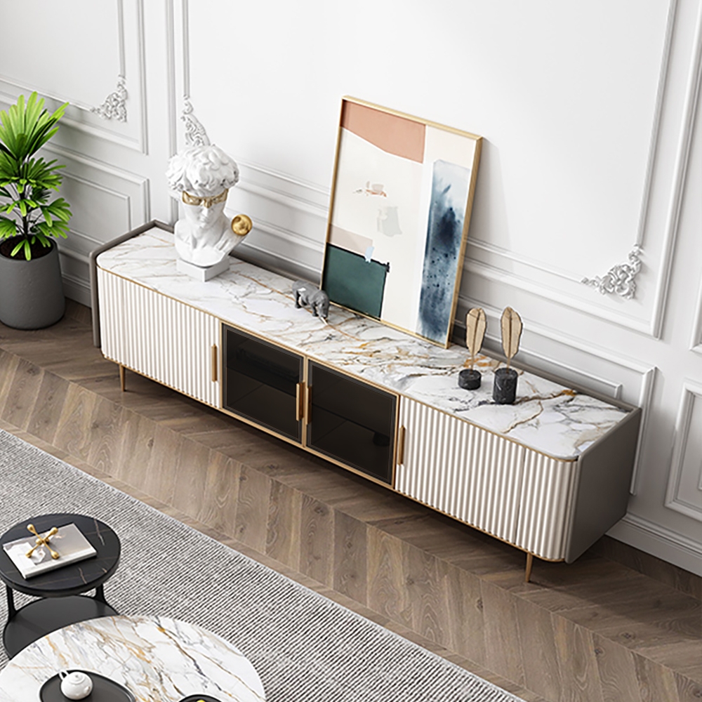 79" White TV Stand Sintered Stone Top Tempered Glass Doors Media Console with Shelves window image