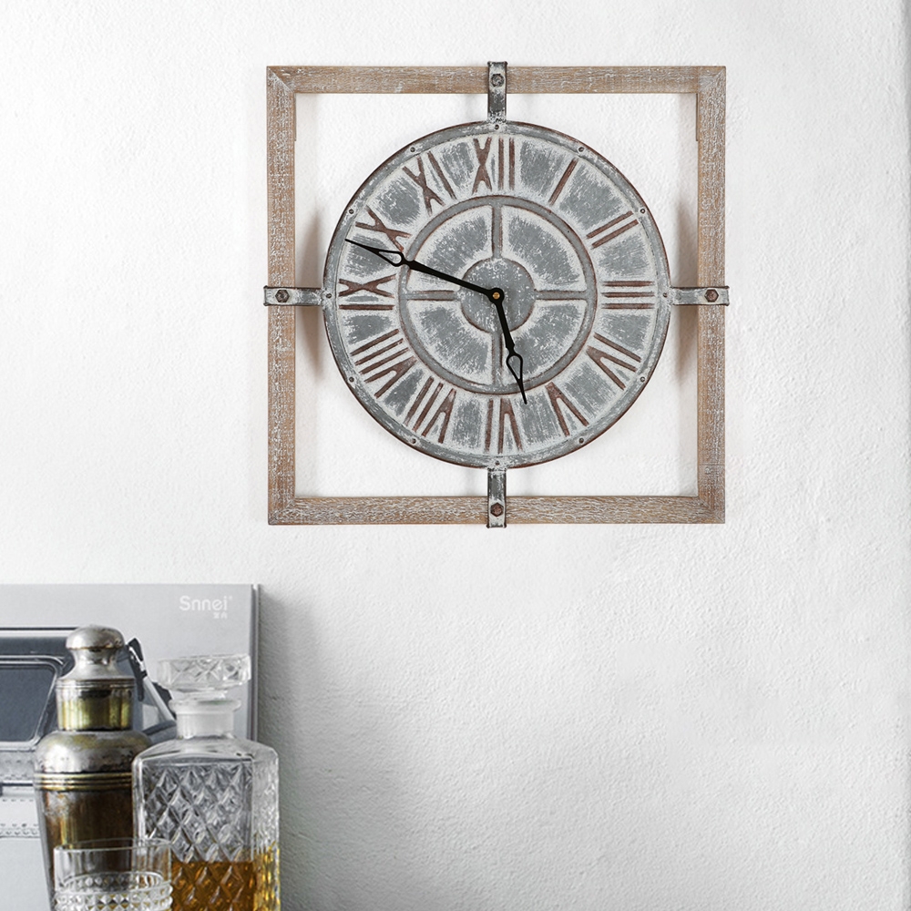 20.1" Scandinavische retro pastorale stijl grote ronde wandklok met houten vierkant frame Vensterafbeelding