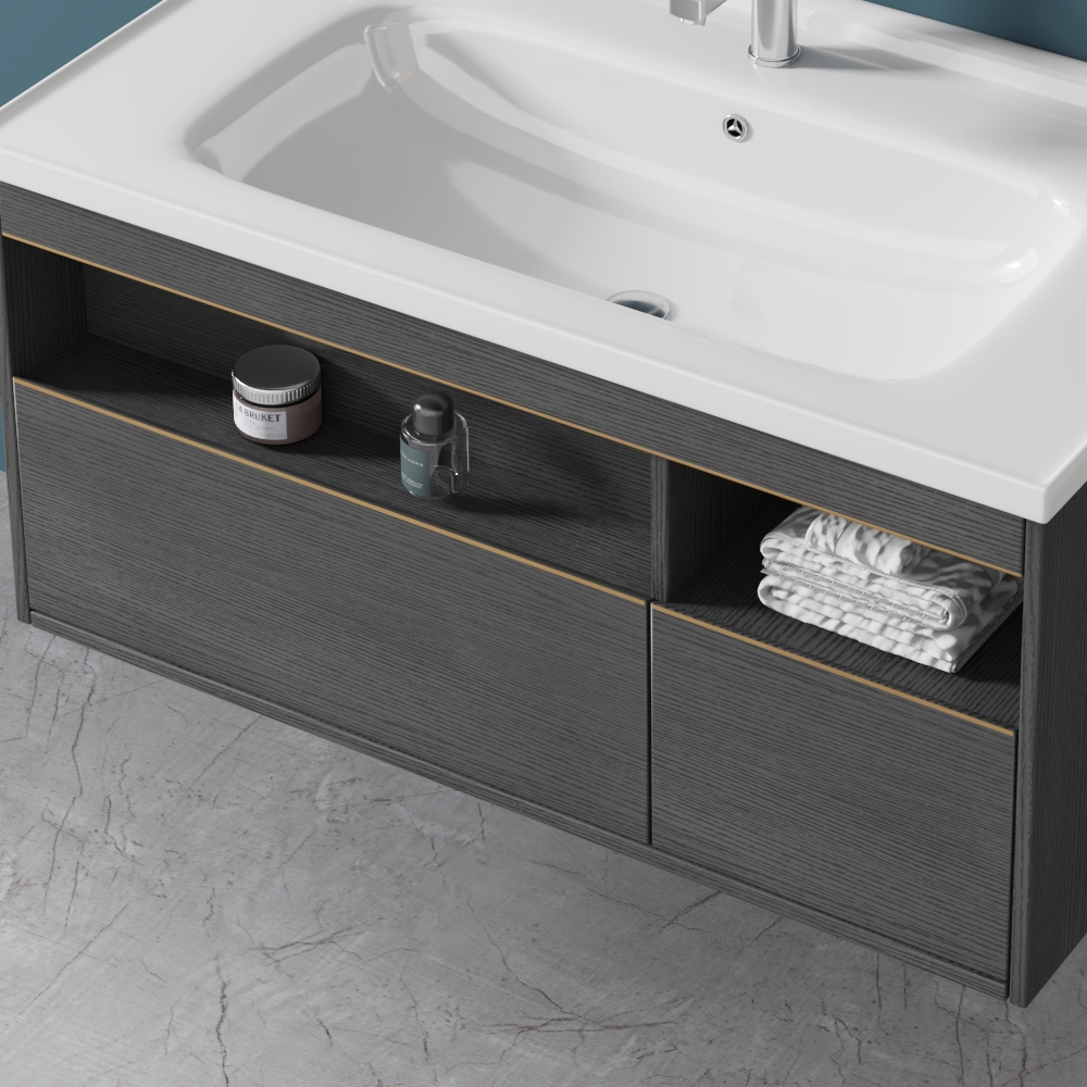 31" Bathroom Vanity Ceramic Floating Bathroom Cabinet with 2 Drawers 1 Door in Small window image