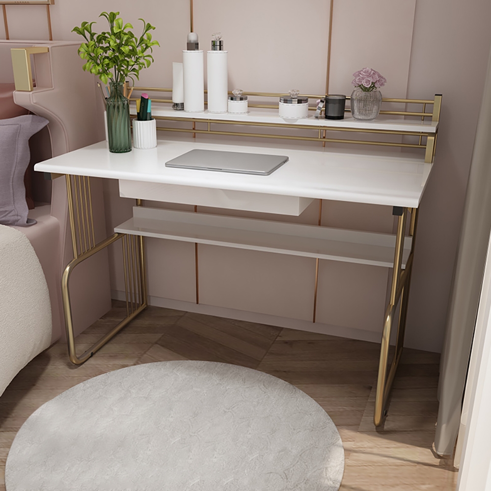 White Modern Small Desk with Drawer & Shelves Wood Top & Metal Frame window image