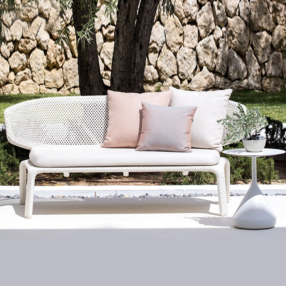 White Rattan Outdoor Sofa Loveseat with Cushion 4 Legs window image