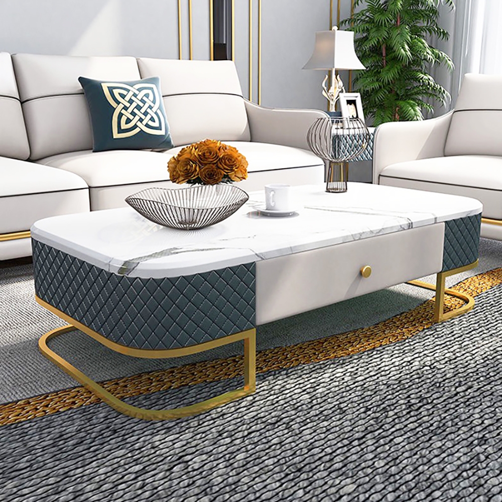 White Modern Marble Coffee Table with Drawers  PU Leather & Metal window image