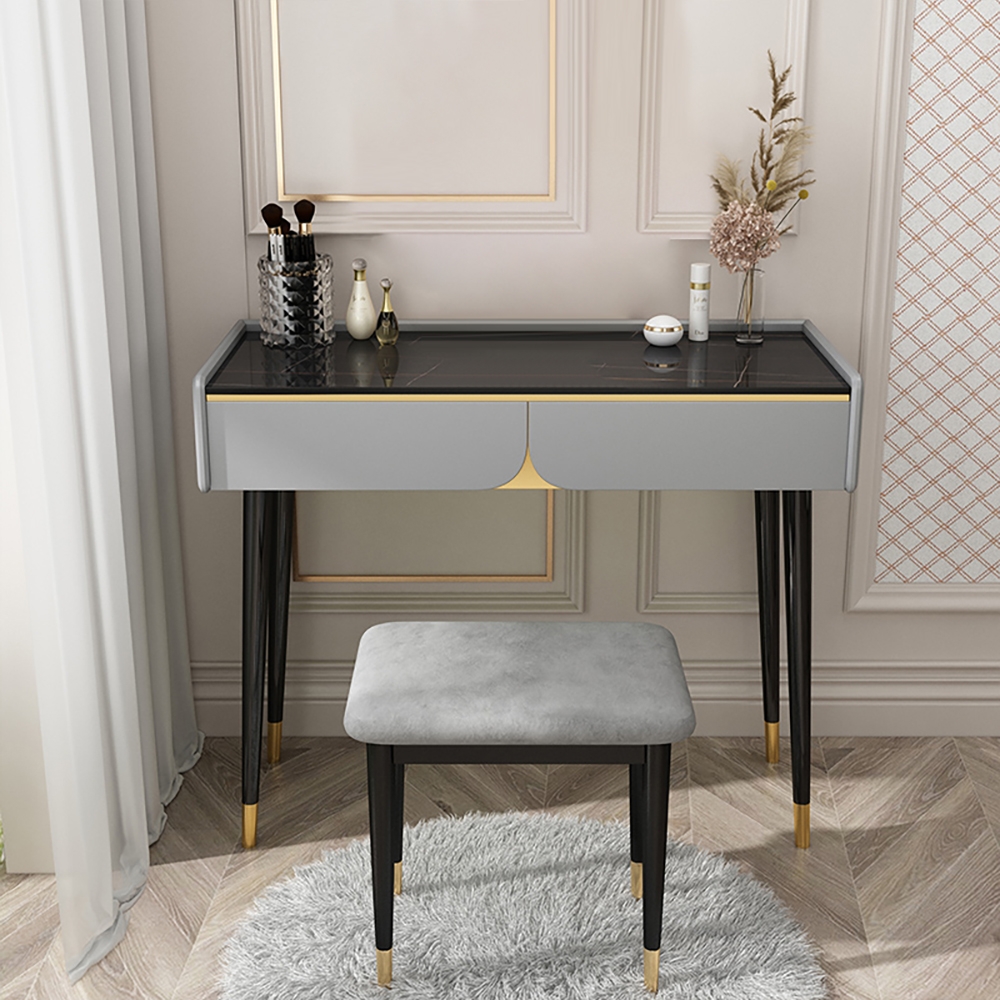 39" Modern Gray Makeup Vanity Sintered Stone Top with 3 Drawers in Gold window image
