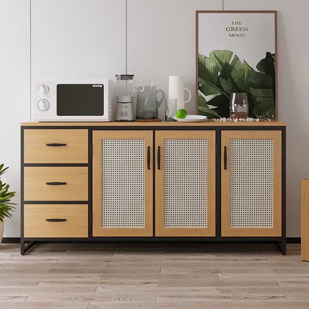 63" Natural Sideboard Nordic Rattan Woven Buffet with Drawers & Doors & Shelves window image