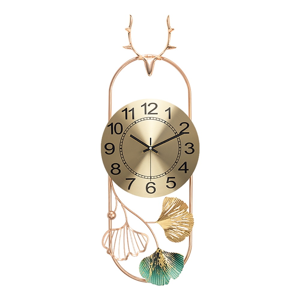 3D Deer Head Fashion Metal Wall Clock with Hollow-out Ginkgo Leaves window image