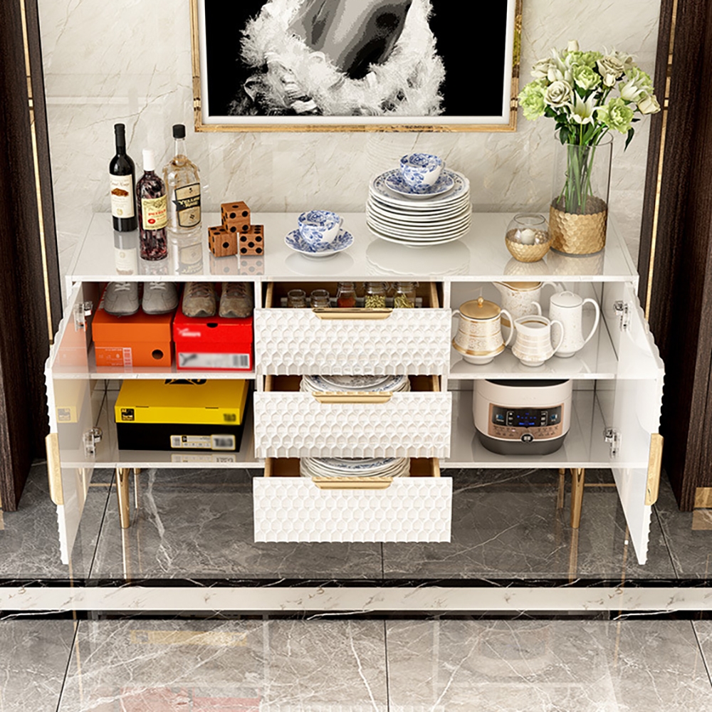 1500mm White Sideboard Tempered Glass Top Honeycomb Surface Buffet with Storage in Large window image