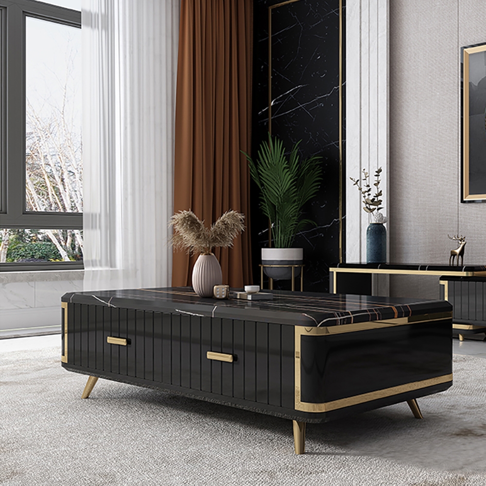 Modern Marble Coffee Table with Drawers in Black window image