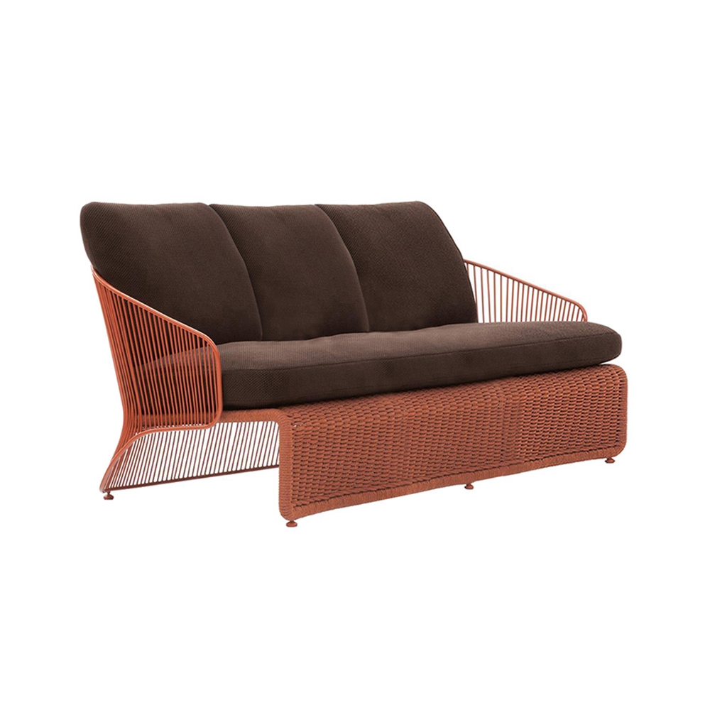 Brick Red 3-Seater Rattan Outdoor Sofa with Cushion Pillow window image