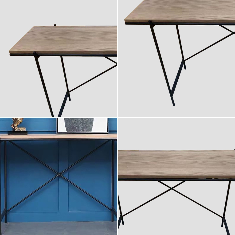 Modern Narrow Console Table with Oak Veneer Top & Metal Frame window image