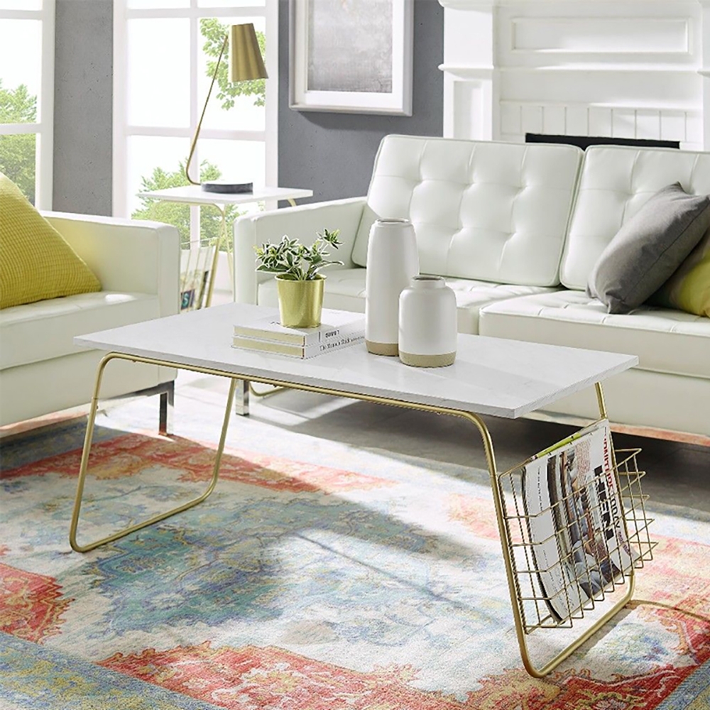 Modern White Coffee Table with Storage in MDF Top & Metal Frame window image