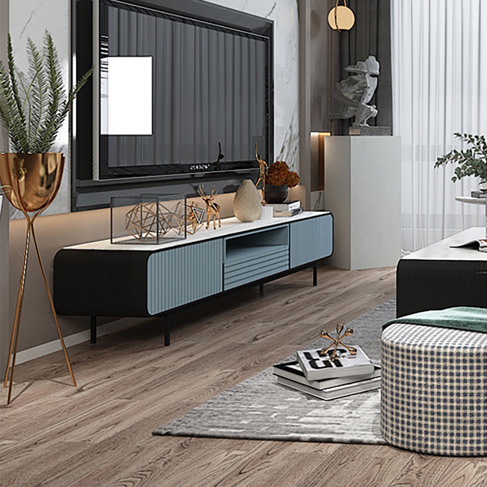 Modern Blue TV Stand Sintered Stone Top Media Console with 3 Drawers in Small window image