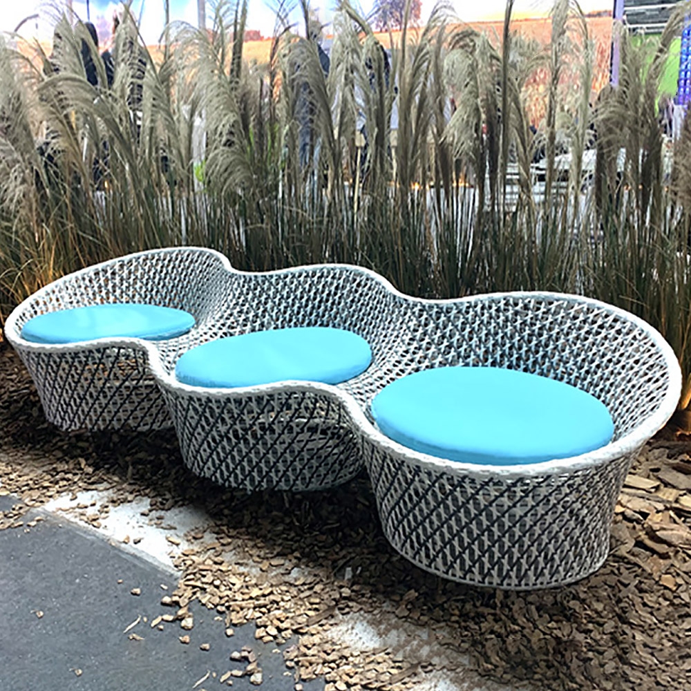 2400mm Outdoor Sofa Rattan with Blue Cushion 3-Seater Peanut-Shape window image