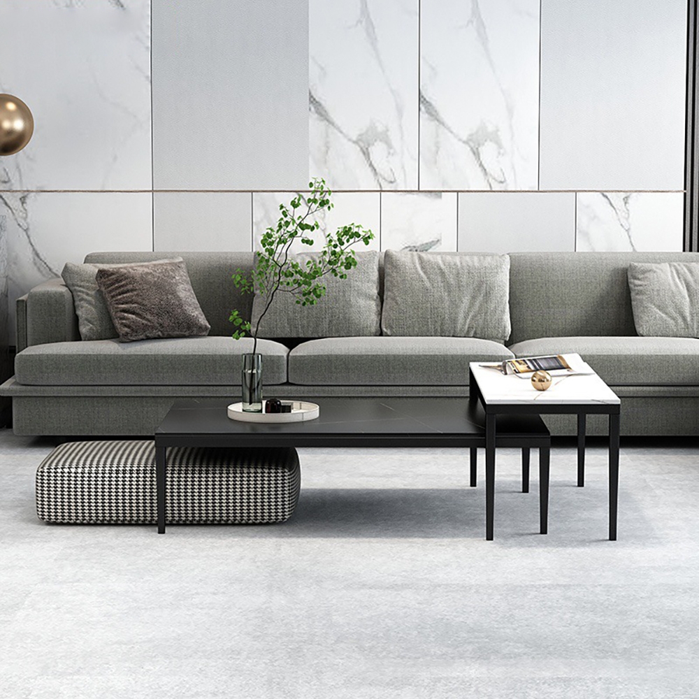 Modern Coffee Table Set with Ottoman & Sintered Stone Top & Metal Legs in 3 Pieces window image